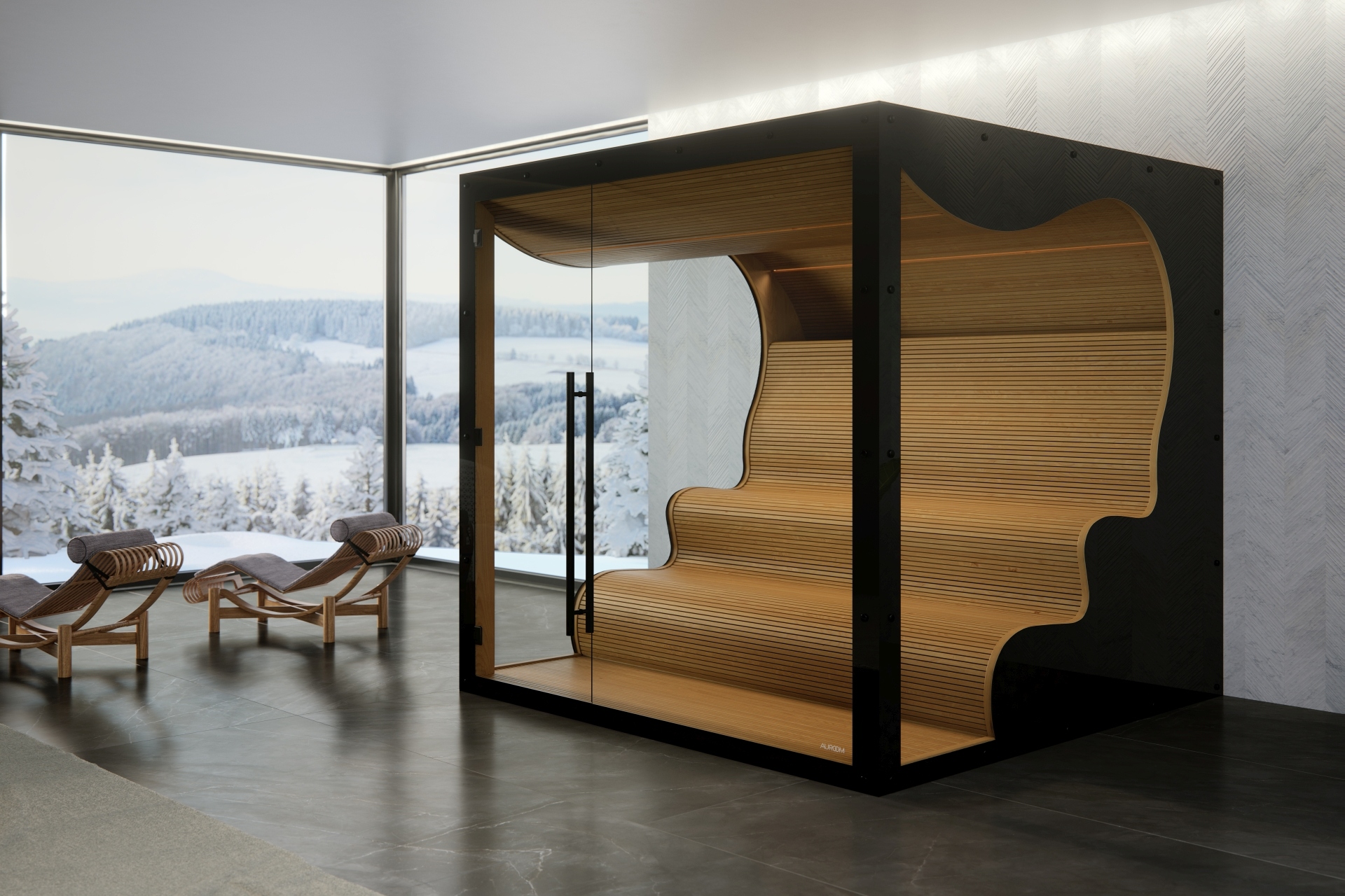 Finse sauna op maat gemaakt met golvende banken en plafond
