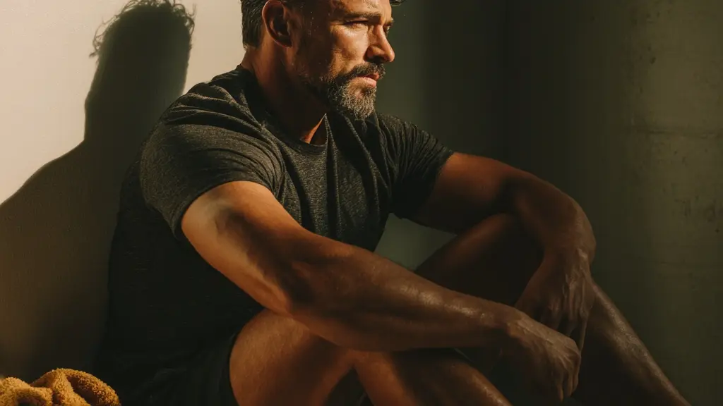 Man van begin 50 zit kalm na zijn training in een minimalistische ruimte — herstel na sporten na je veertigste