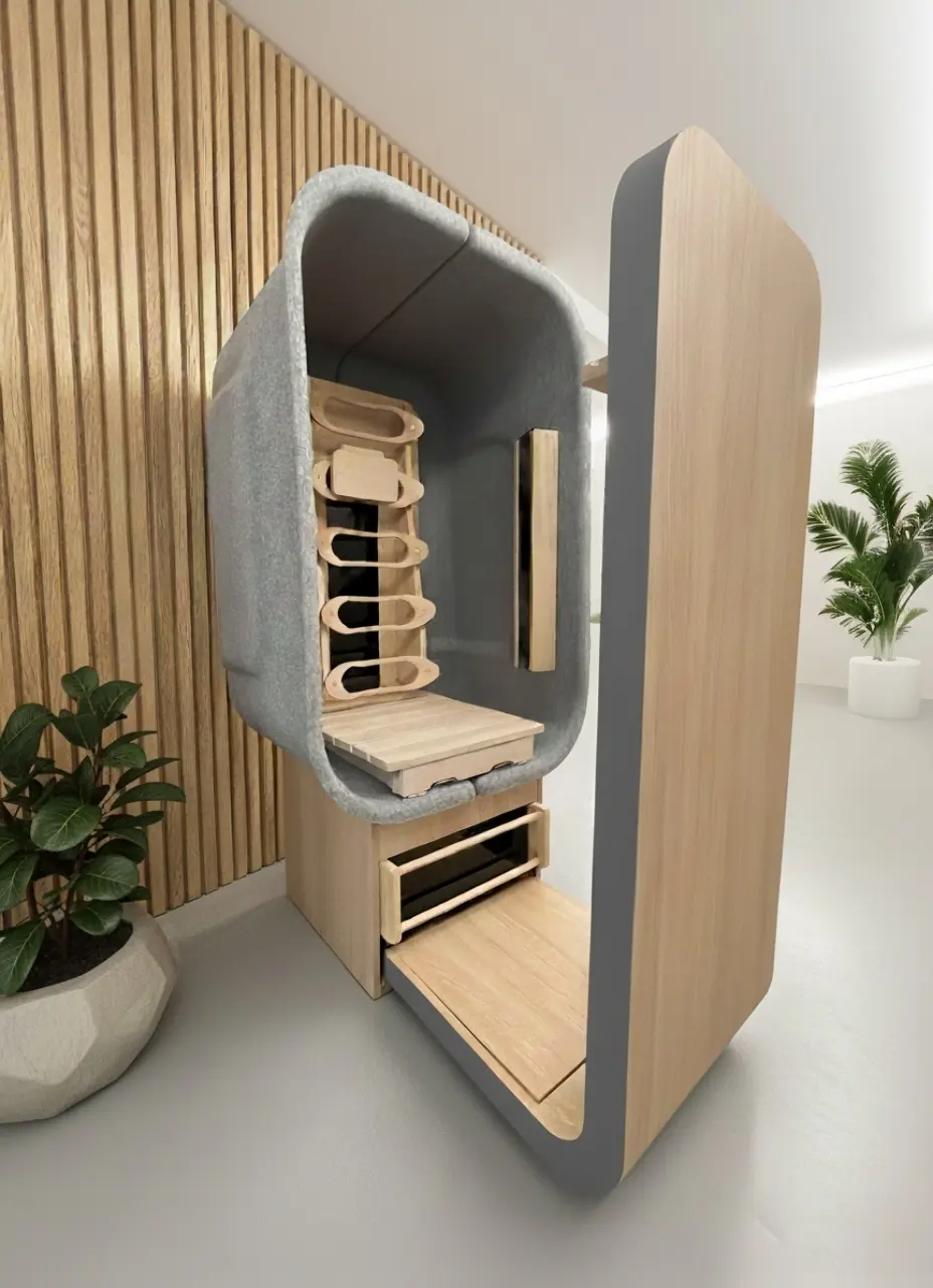 Infraroodstoel HUGseat van tijdlozen en duurzame materialen zoalas abachi hout en gerecyclede pet-vilt 
