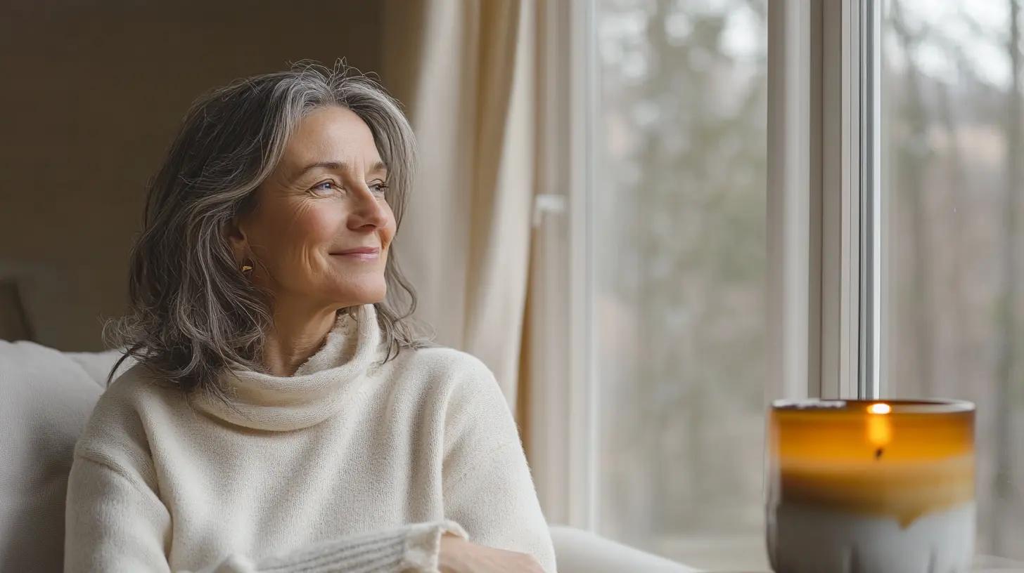 Vrouw met glimlach en kaars bij het raam in de winter