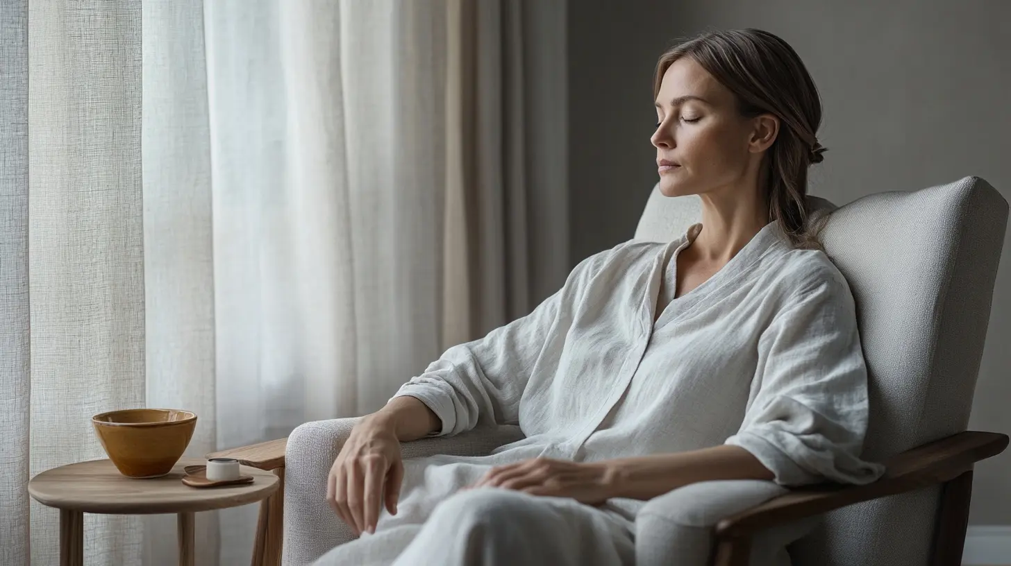 Vrouw doet even niets op stoel Vrouw in witte kleding op witte stoel en doet niets