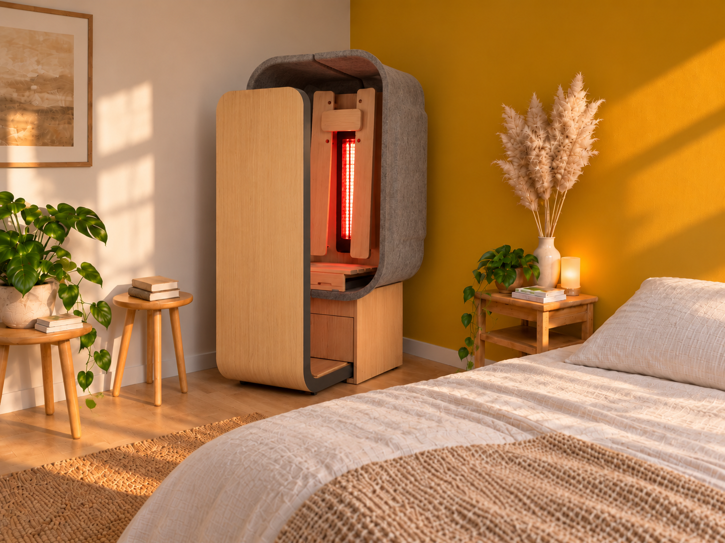 De HUGseat naast het bed in de slaapkamer van Camilo, met de stralers aan