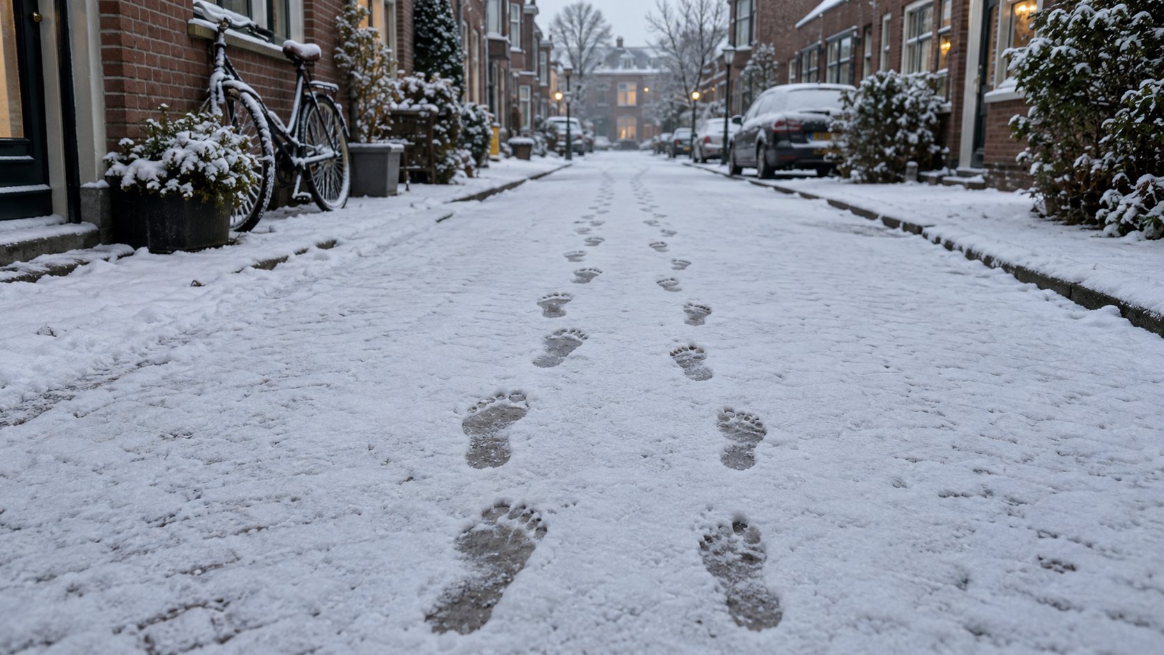 Twee sporen van blote voetstappen in verse sneeuw, door een Nederlandse straat met bakstenen rijtjeshuizen.