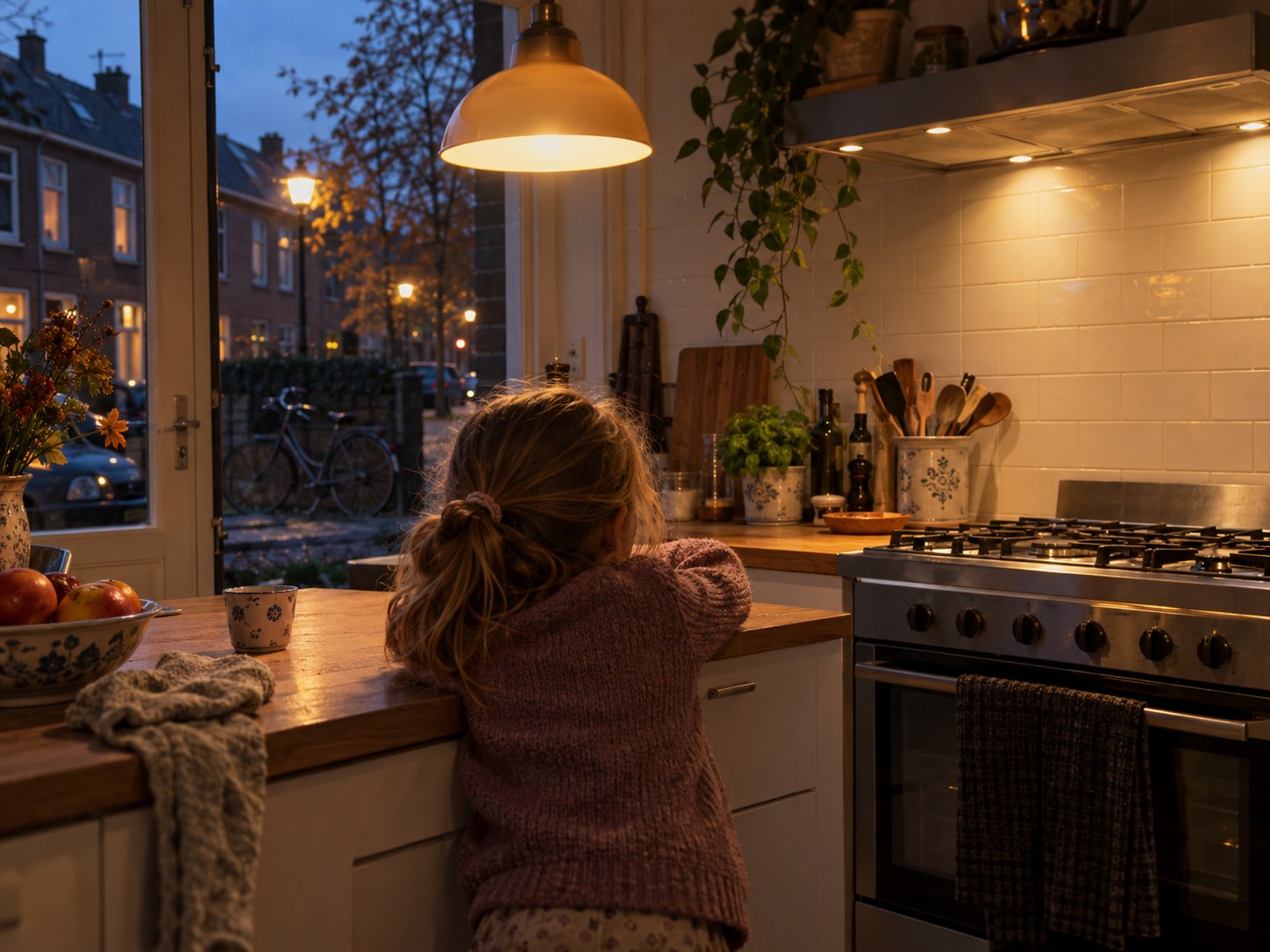 Een meisje van achteren gezien hangt aan het eind van de middag tegen het aanrecht, buiten schemert het boven bakstenen rijtjeshuizen.