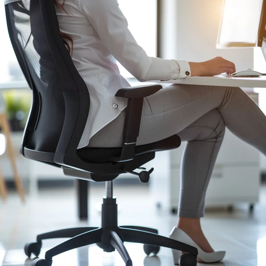 Zijaanzicht van een professional aan een bureau, realistisch en ontspannen met gekruiste benen en correcte houding.